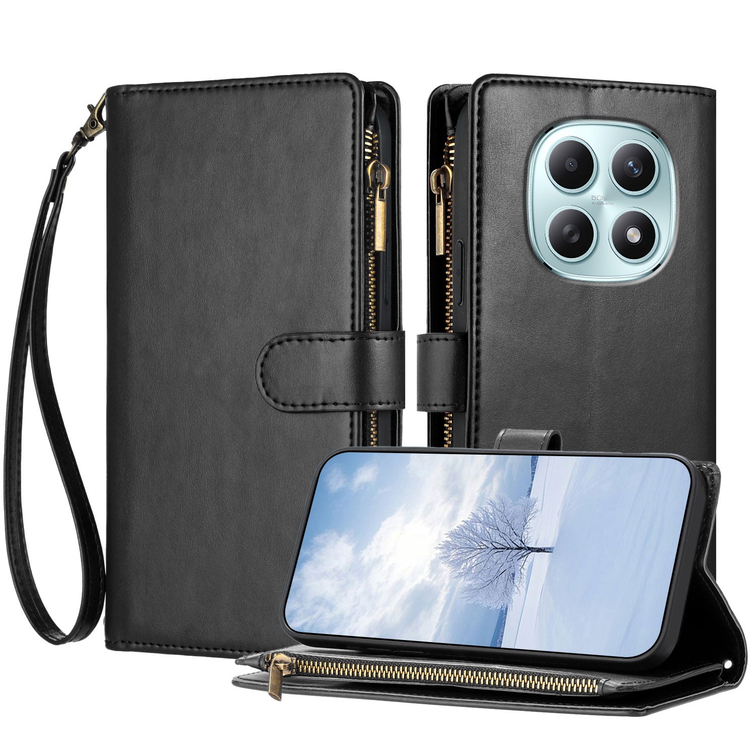 For Xiaomi Poco M8 5G / Redmi Note 15 5G (Global) / 15 4G (Global) Leather Case Zipper Wallet Stand Shockproof Phone Cover with Wrist Strap - Black