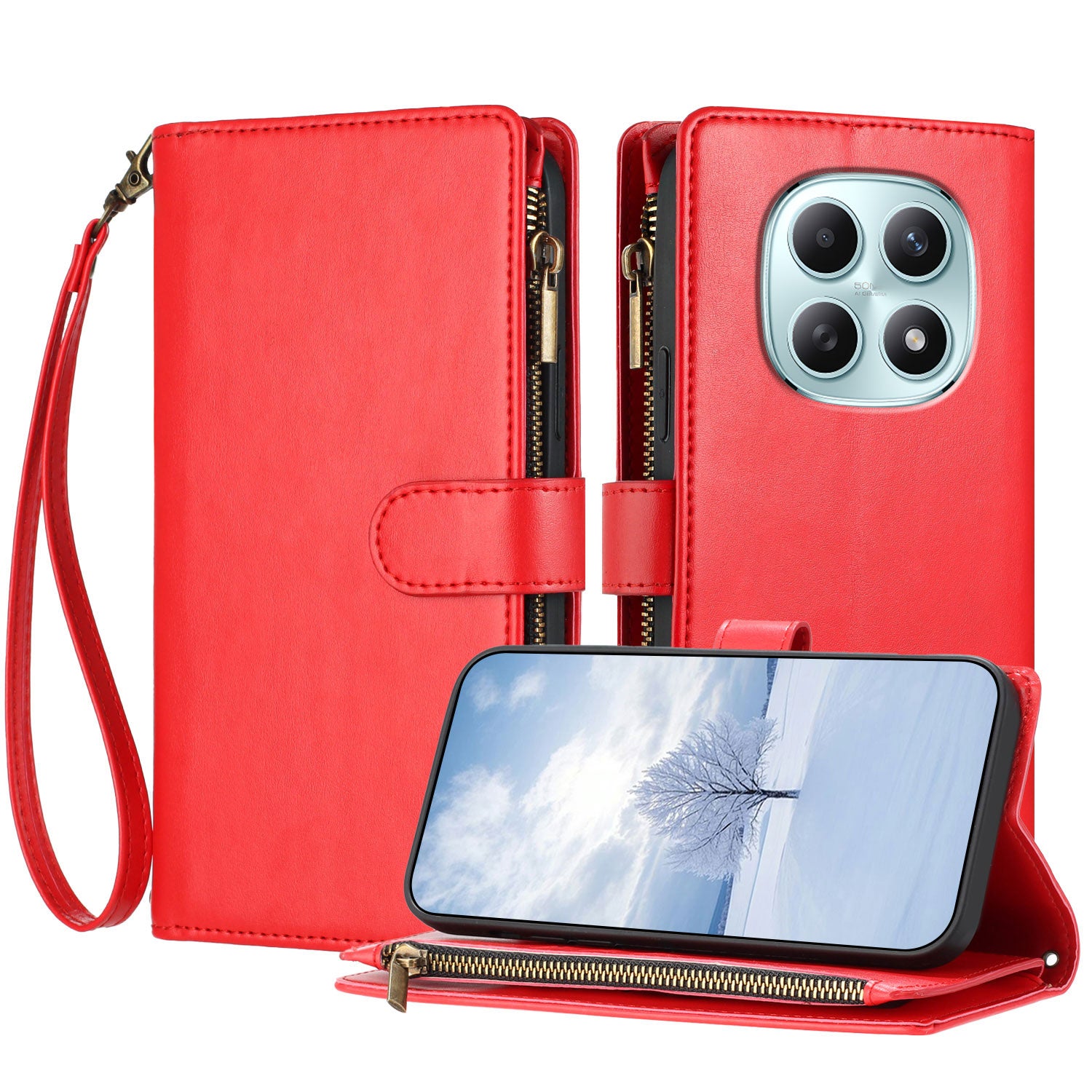 For Xiaomi Poco M8 5G / Redmi Note 15 5G (Global) / 15 4G (Global) Leather Case Zipper Wallet Stand Shockproof Phone Cover with Wrist Strap - Red