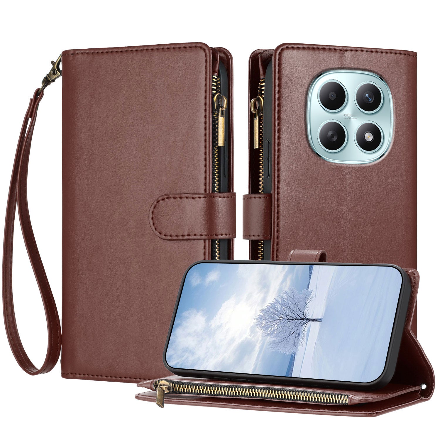 For Xiaomi Poco M8 5G / Redmi Note 15 5G (Global) / 15 4G (Global) Leather Case Zipper Wallet Stand Shockproof Phone Cover with Wrist Strap - Brown