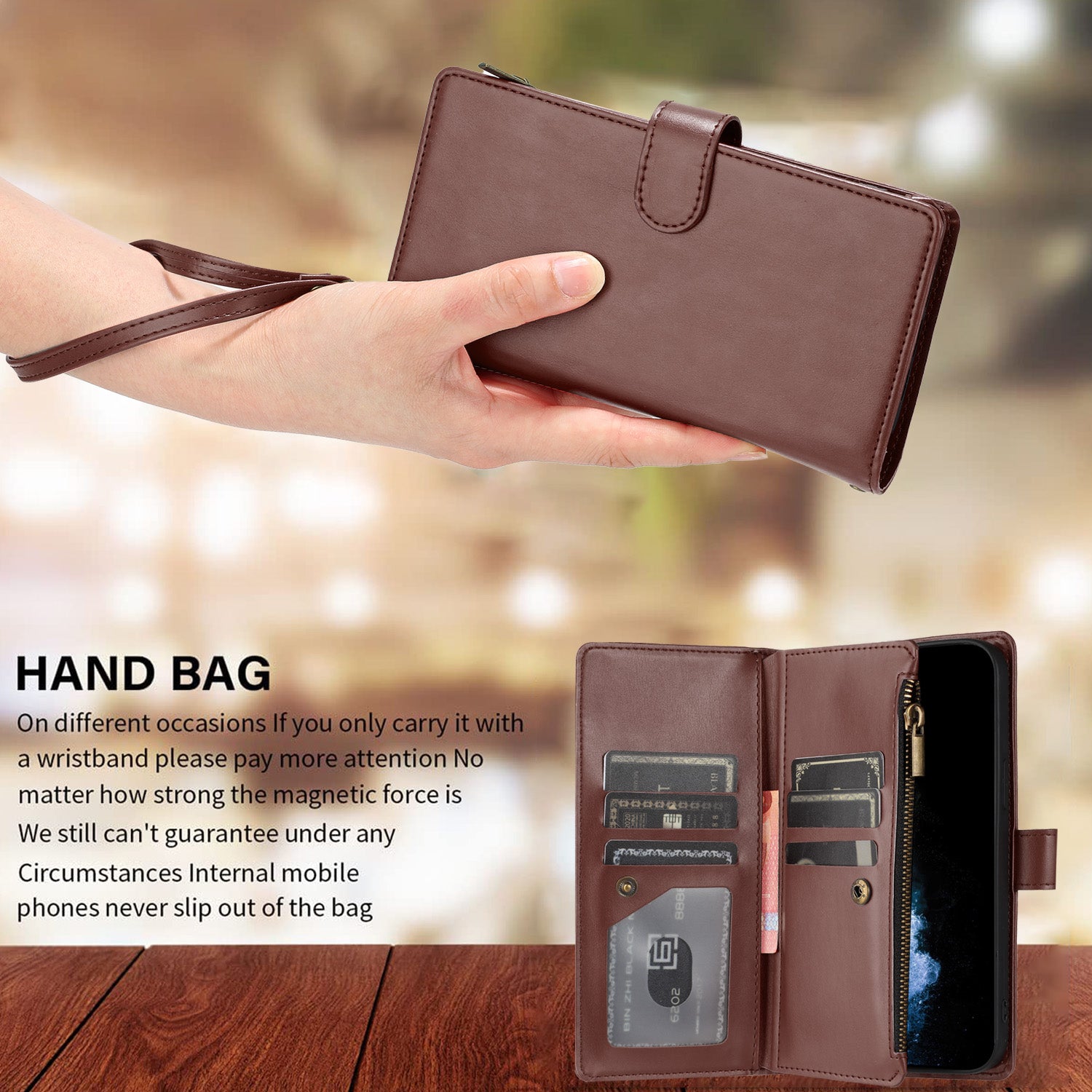 For Xiaomi Poco M8 5G / Redmi Note 15 5G (Global) / 15 4G (Global) Leather Case Zipper Wallet Stand Shockproof Phone Cover with Wrist Strap - Brown