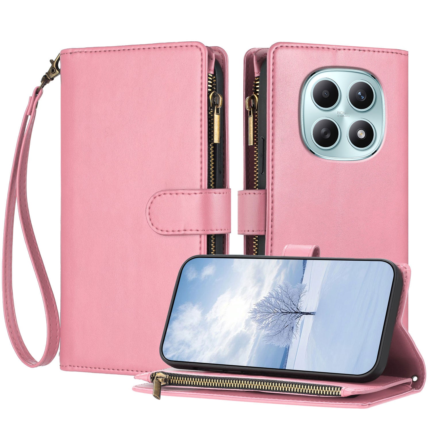 For Xiaomi Poco M8 5G / Redmi Note 15 5G (Global) / 15 4G (Global) Leather Case Zipper Wallet Stand Shockproof Phone Cover with Wrist Strap - Pink