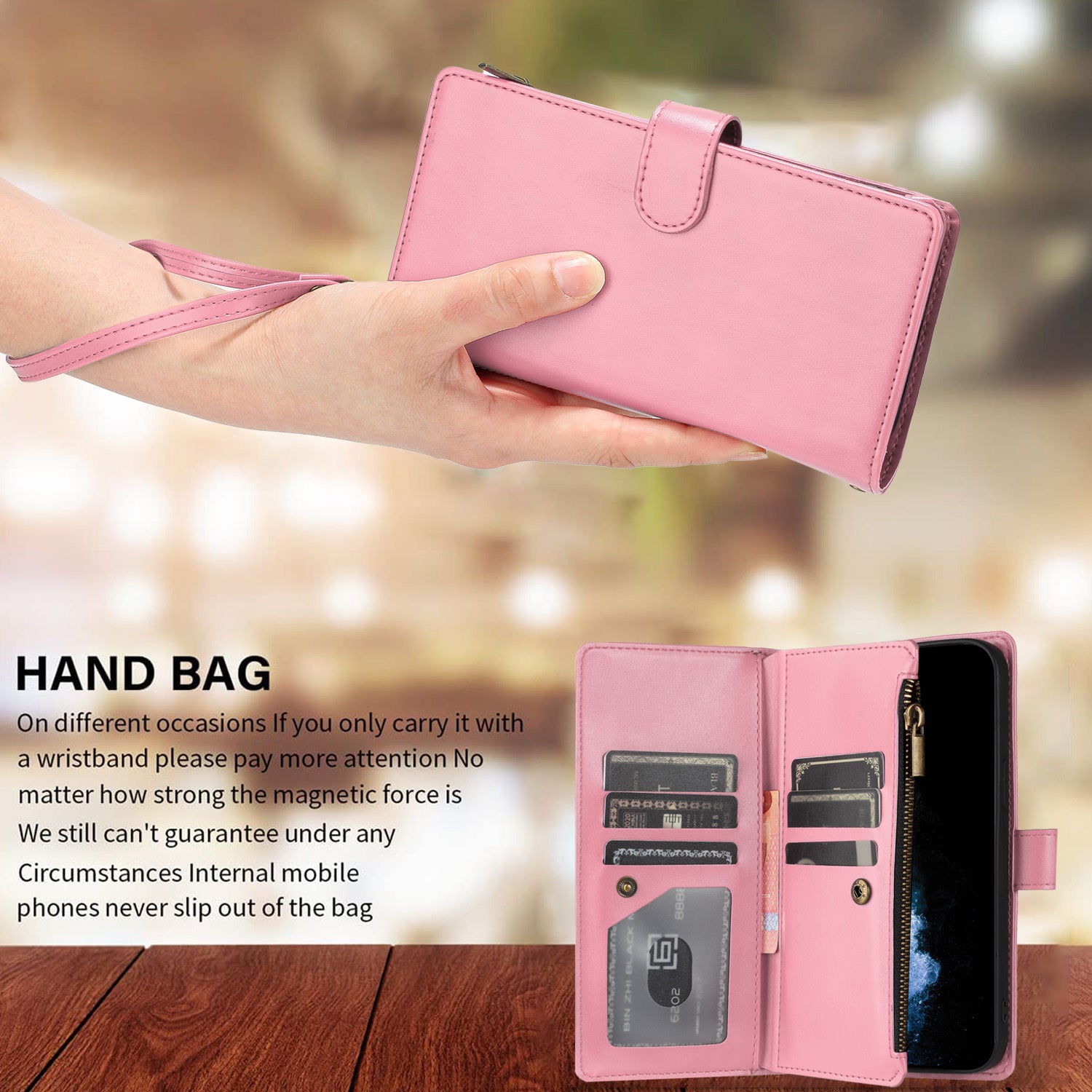 For Xiaomi Poco M8 5G / Redmi Note 15 5G (Global) / 15 4G (Global) Leather Case Zipper Wallet Stand Shockproof Phone Cover with Wrist Strap - Pink