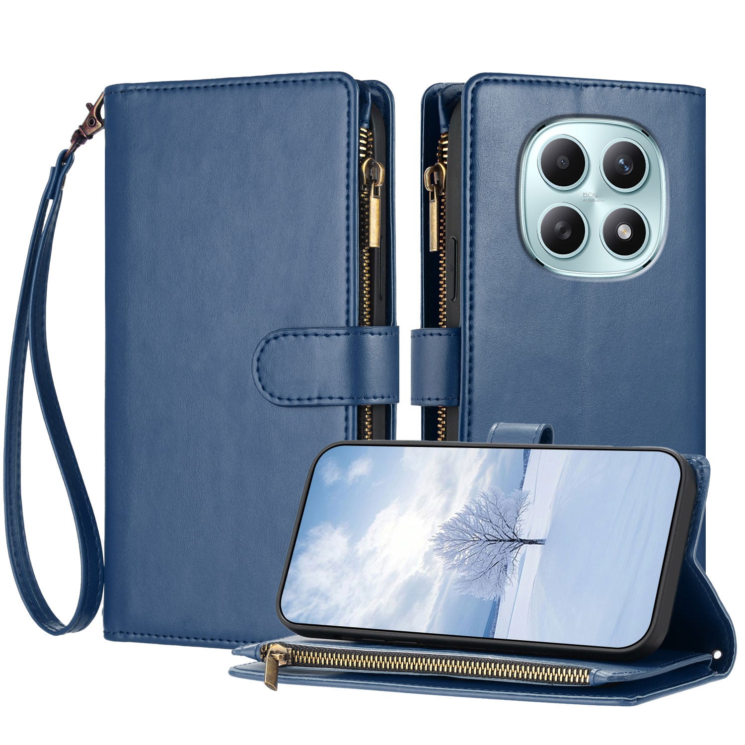 For Xiaomi Poco M8 5G / Redmi Note 15 5G (Global) / 15 4G (Global) Leather Case Zipper Wallet Stand Shockproof Phone Cover with Wrist Strap - Blue
