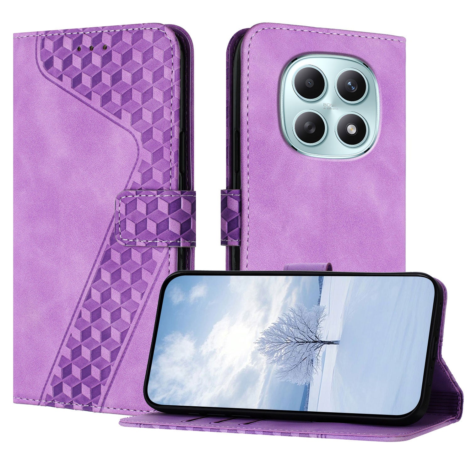 For Xiaomi Poco M8 5G / Redmi Note 15 5G (Global) / 15 4G (Global) Leather Case 7-Shaped Pattern Wallet Stand Shockproof Phone Cover - Purple