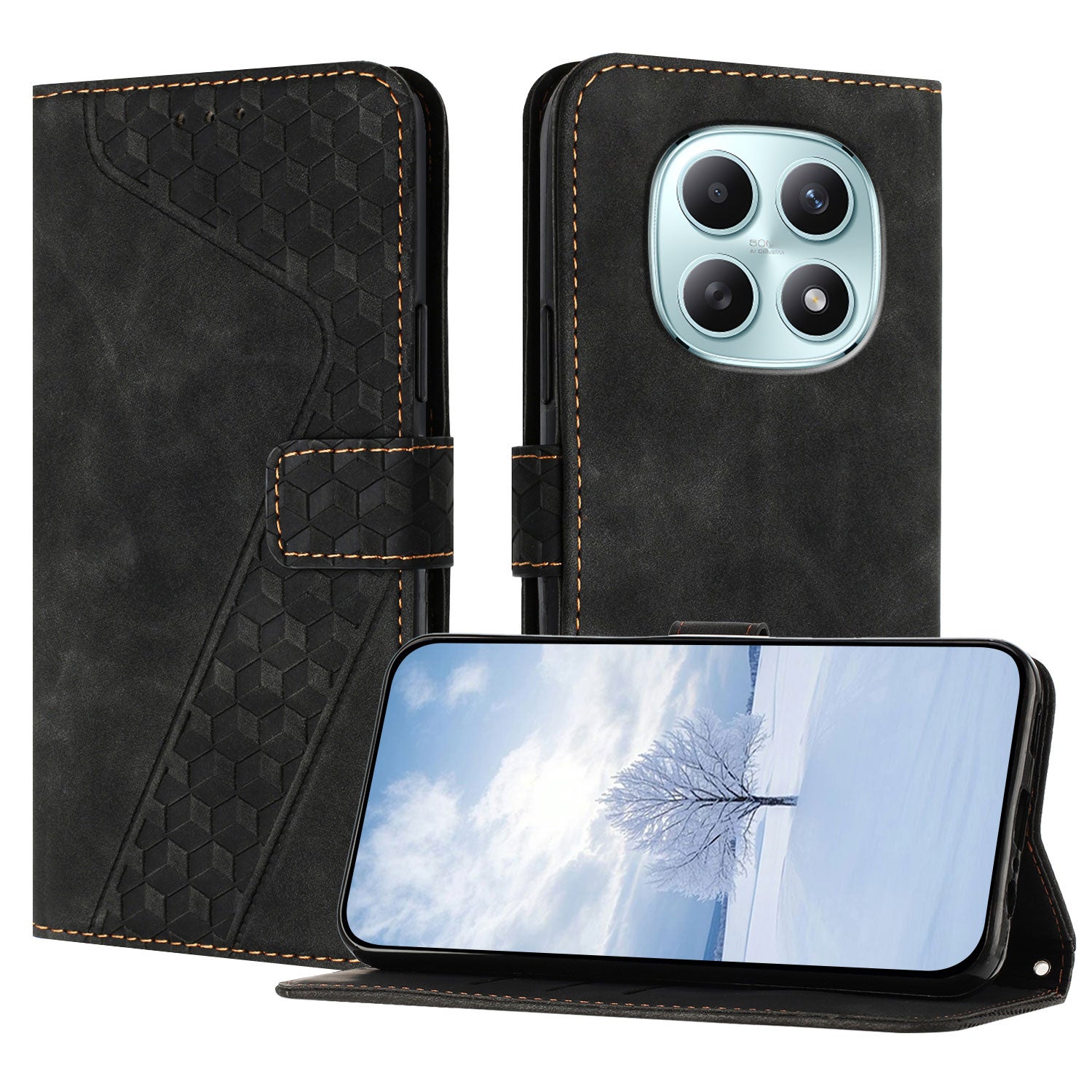 For Xiaomi Poco M8 5G / Redmi Note 15 5G (Global) / 15 4G (Global) Leather Case 7-Shaped Pattern Wallet Stand Shockproof Phone Cover - Black