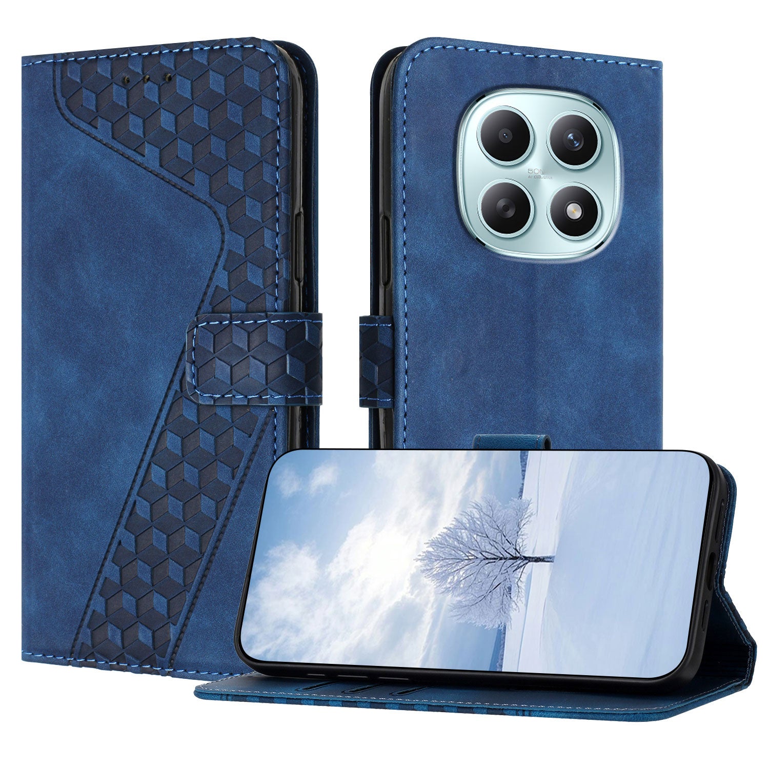 For Xiaomi Poco M8 5G / Redmi Note 15 5G (Global) / 15 4G (Global) Leather Case 7-Shaped Pattern Wallet Stand Shockproof Phone Cover - Blue