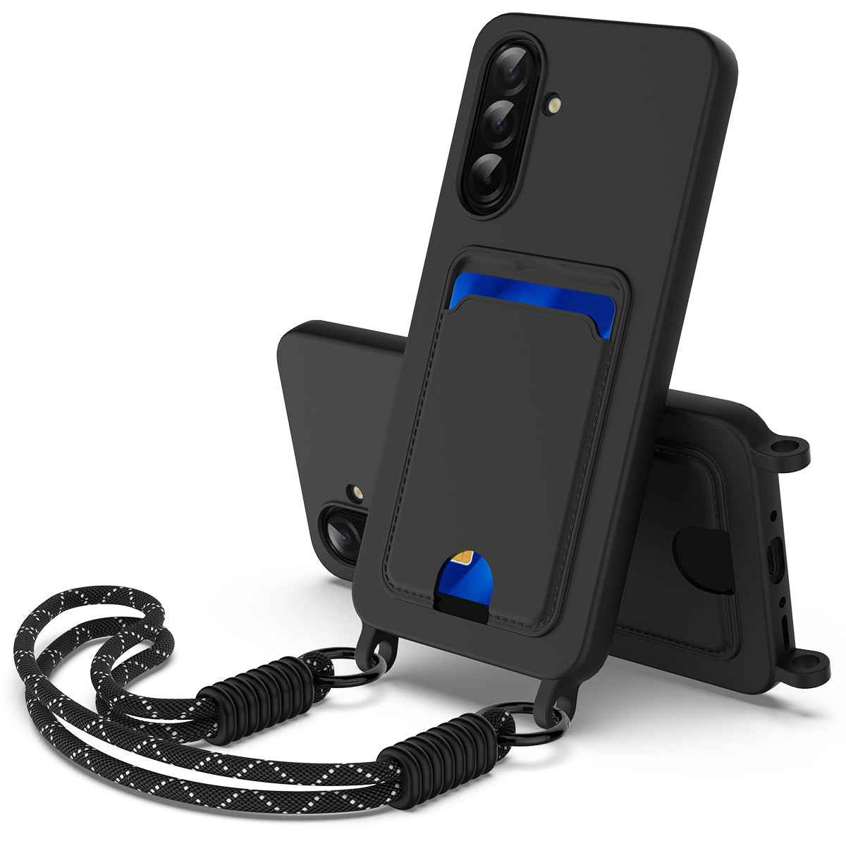 For Samsung Galaxy A57 5G Liquid Silicone Case  Phone Back Cover with Card Holder and Short Strap - Black