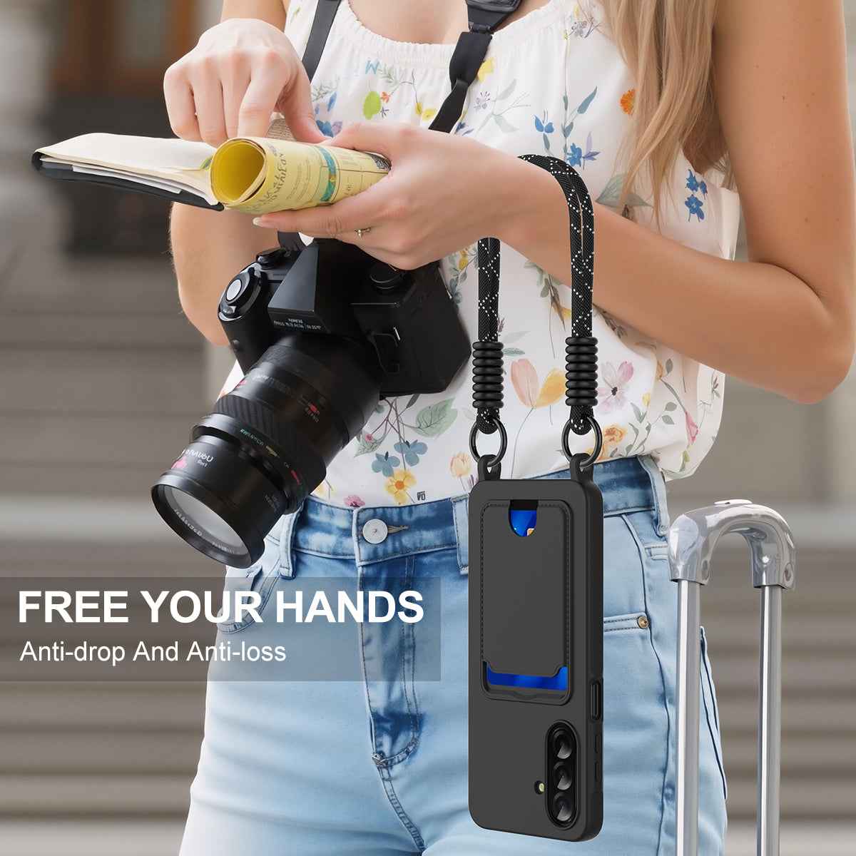 For Samsung Galaxy A57 5G Liquid Silicone Case  Phone Back Cover with Card Holder and Short Strap - Black
