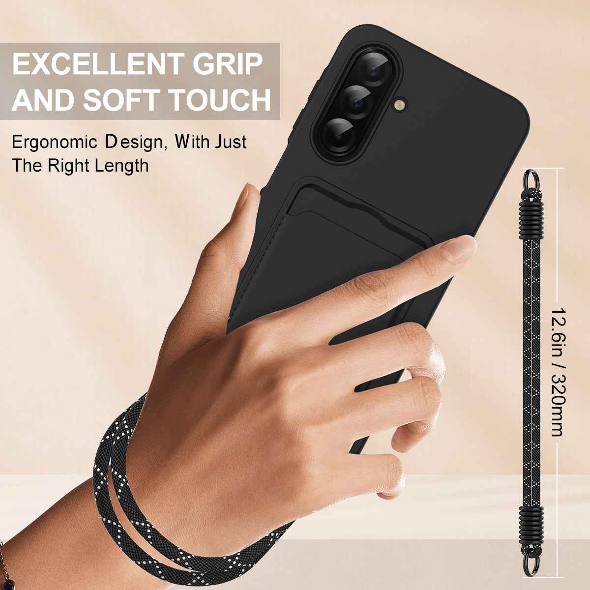 For Samsung Galaxy A57 5G Liquid Silicone Case  Phone Back Cover with Card Holder and Short Strap - Black