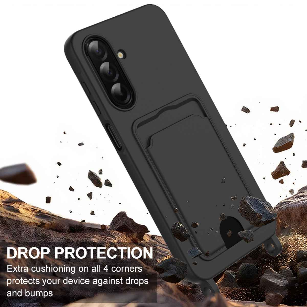 For Samsung Galaxy A57 5G Liquid Silicone Case  Phone Back Cover with Card Holder and Short Strap - Black