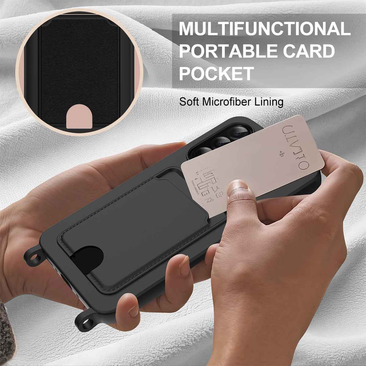 For Samsung Galaxy A57 5G Liquid Silicone Case  Phone Back Cover with Card Holder and Short Strap - Black