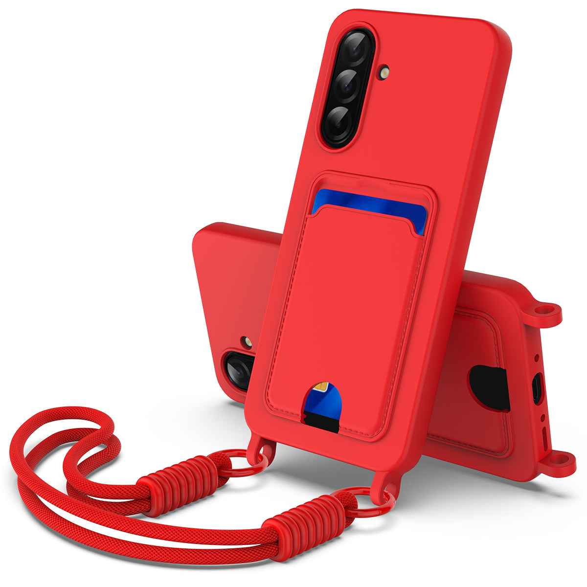 For Samsung Galaxy A57 5G Liquid Silicone Case  Phone Back Cover with Card Holder and Short Strap - Red