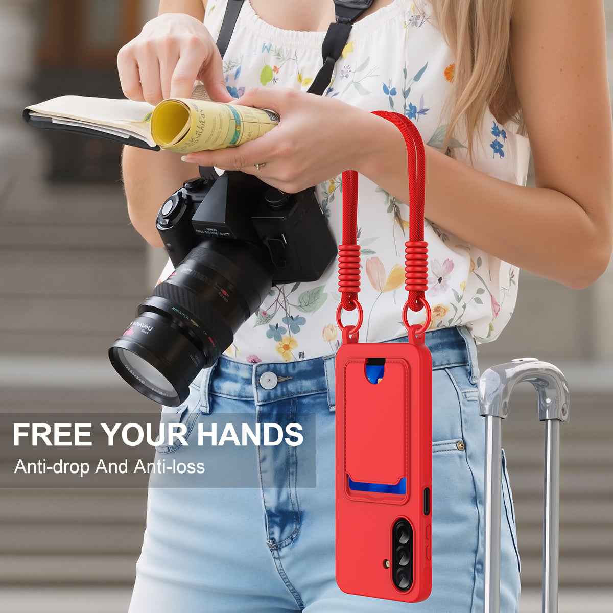 For Samsung Galaxy A57 5G Liquid Silicone Case  Phone Back Cover with Card Holder and Short Strap - Red