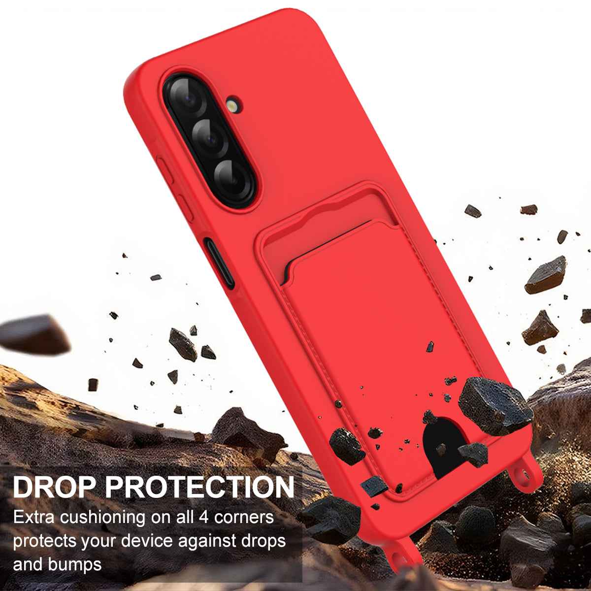 For Samsung Galaxy A57 5G Liquid Silicone Case  Phone Back Cover with Card Holder and Short Strap - Red