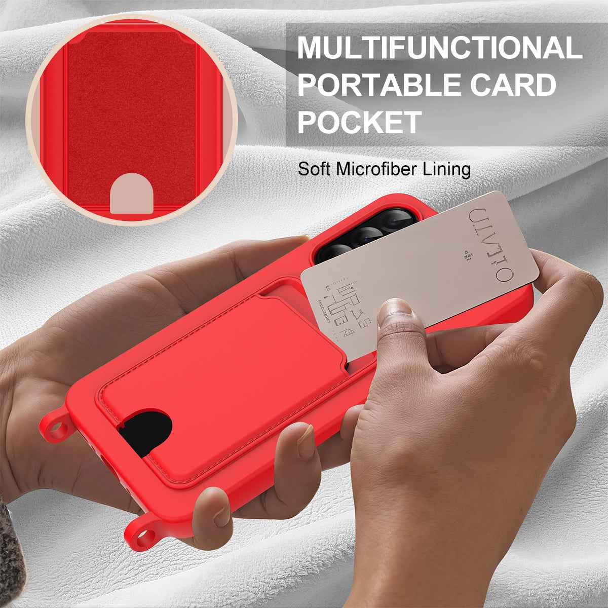 For Samsung Galaxy A57 5G Liquid Silicone Case  Phone Back Cover with Card Holder and Short Strap - Red