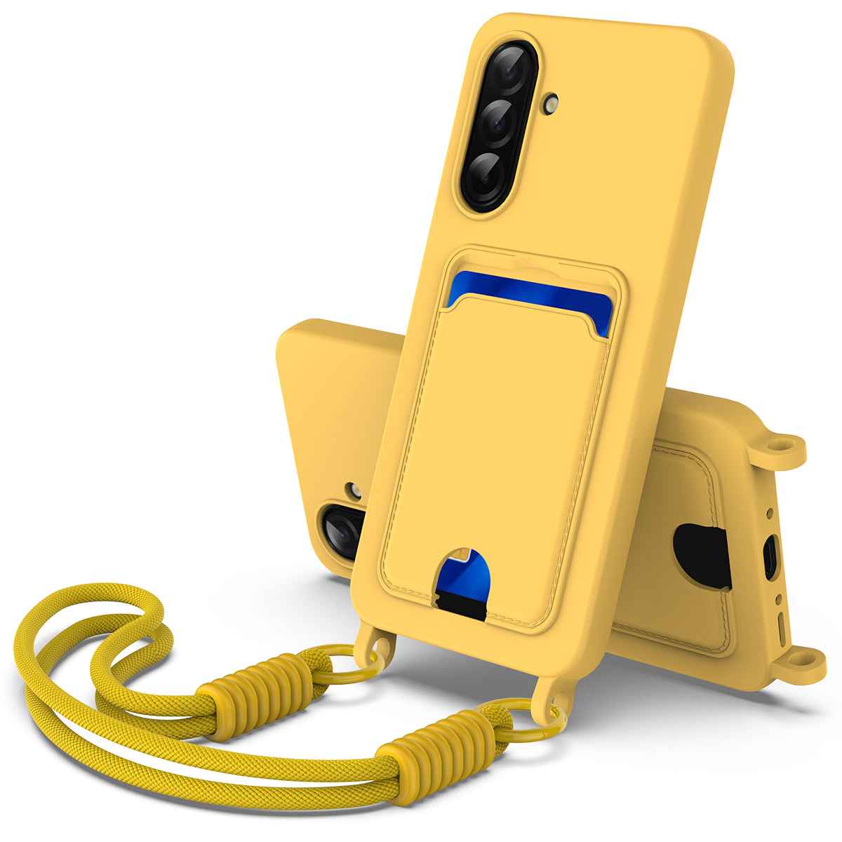 For Samsung Galaxy A57 5G Liquid Silicone Case  Phone Back Cover with Card Holder and Short Strap - Yellow