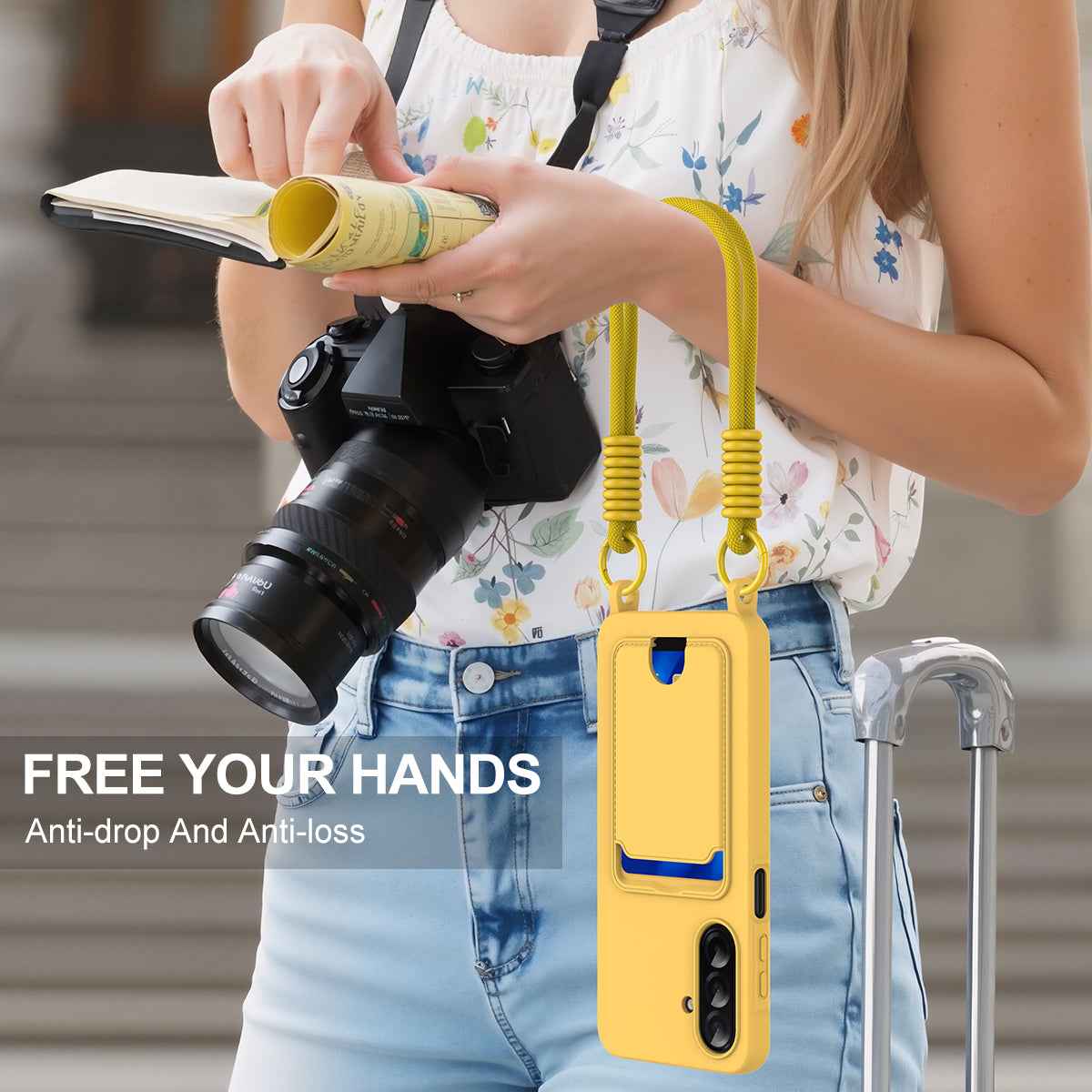 For Samsung Galaxy A57 5G Liquid Silicone Case  Phone Back Cover with Card Holder and Short Strap - Yellow