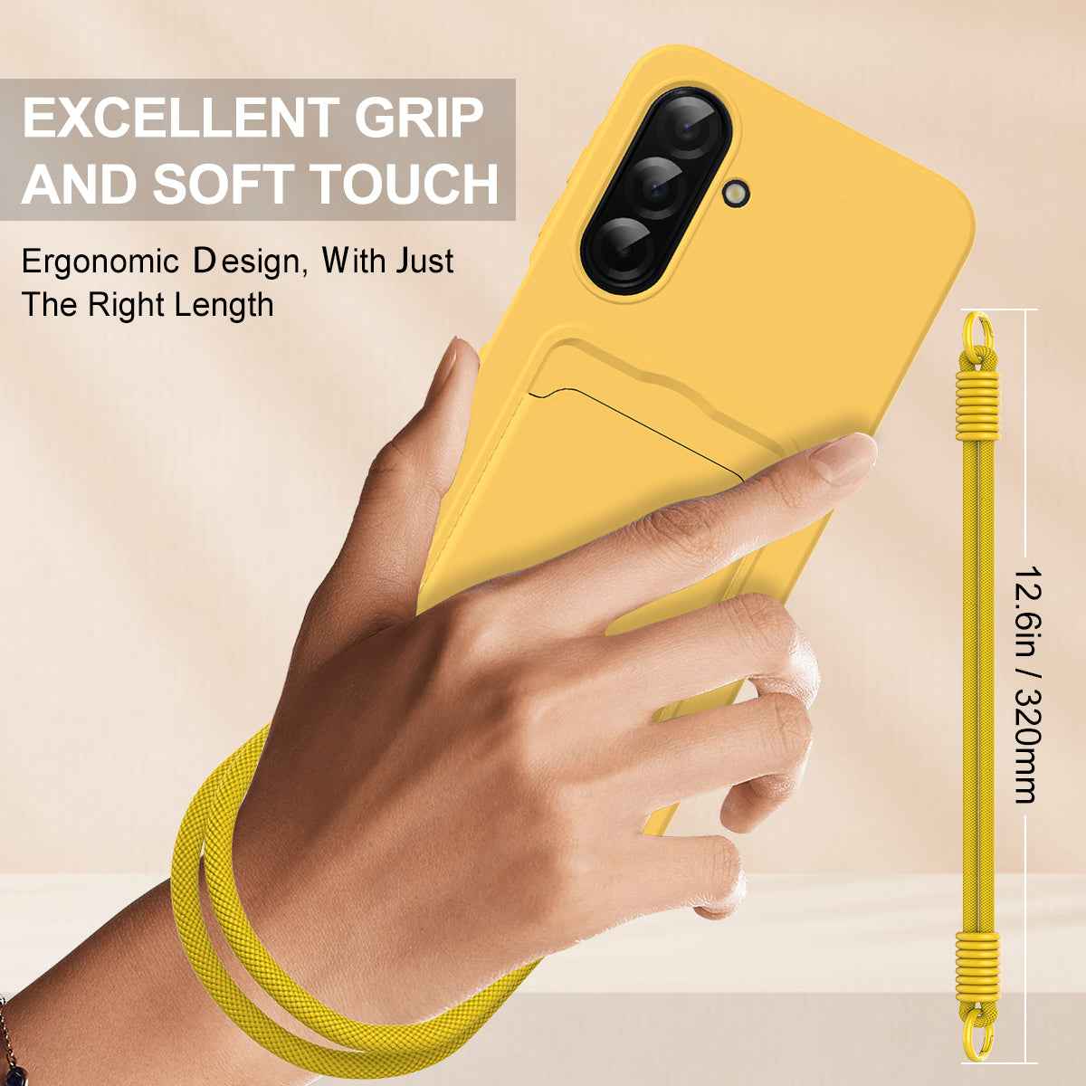 For Samsung Galaxy A57 5G Liquid Silicone Case  Phone Back Cover with Card Holder and Short Strap - Yellow