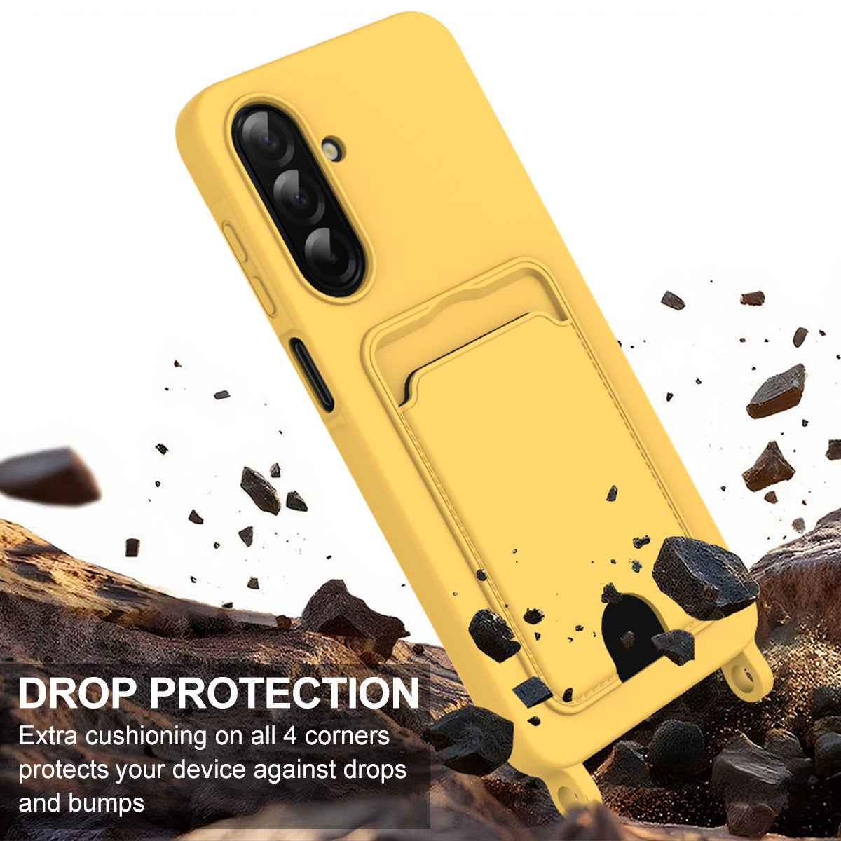 For Samsung Galaxy A57 5G Liquid Silicone Case  Phone Back Cover with Card Holder and Short Strap - Yellow