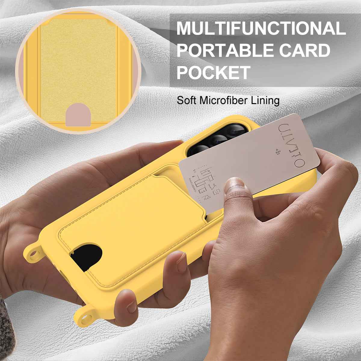 For Samsung Galaxy A57 5G Liquid Silicone Case  Phone Back Cover with Card Holder and Short Strap - Yellow