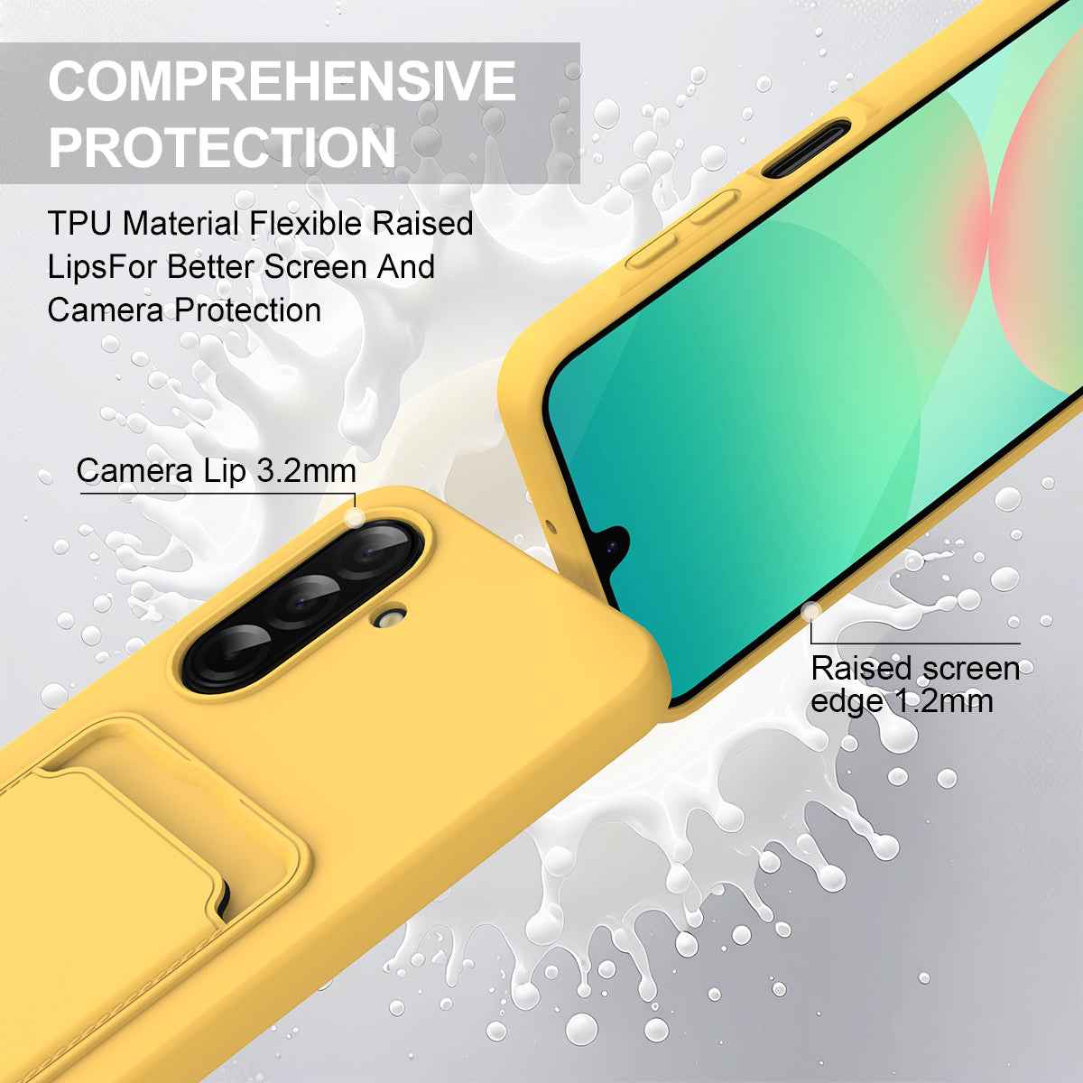 For Samsung Galaxy A57 5G Liquid Silicone Case  Phone Back Cover with Card Holder and Short Strap - Yellow