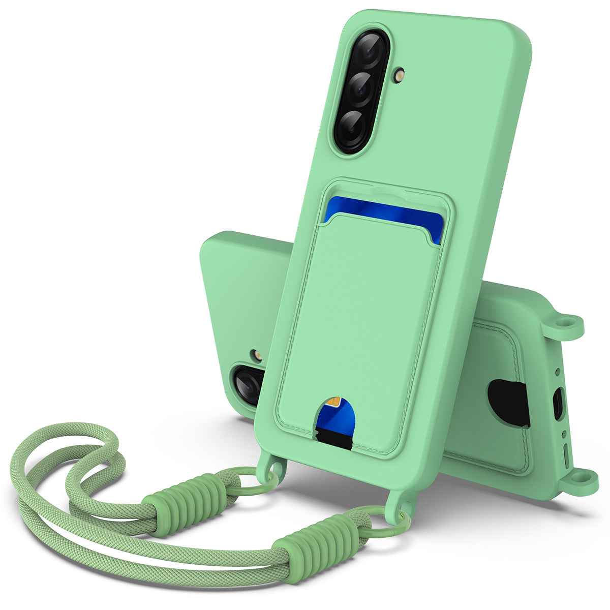 For Samsung Galaxy A57 5G Liquid Silicone Case  Phone Back Cover with Card Holder and Short Strap - Green