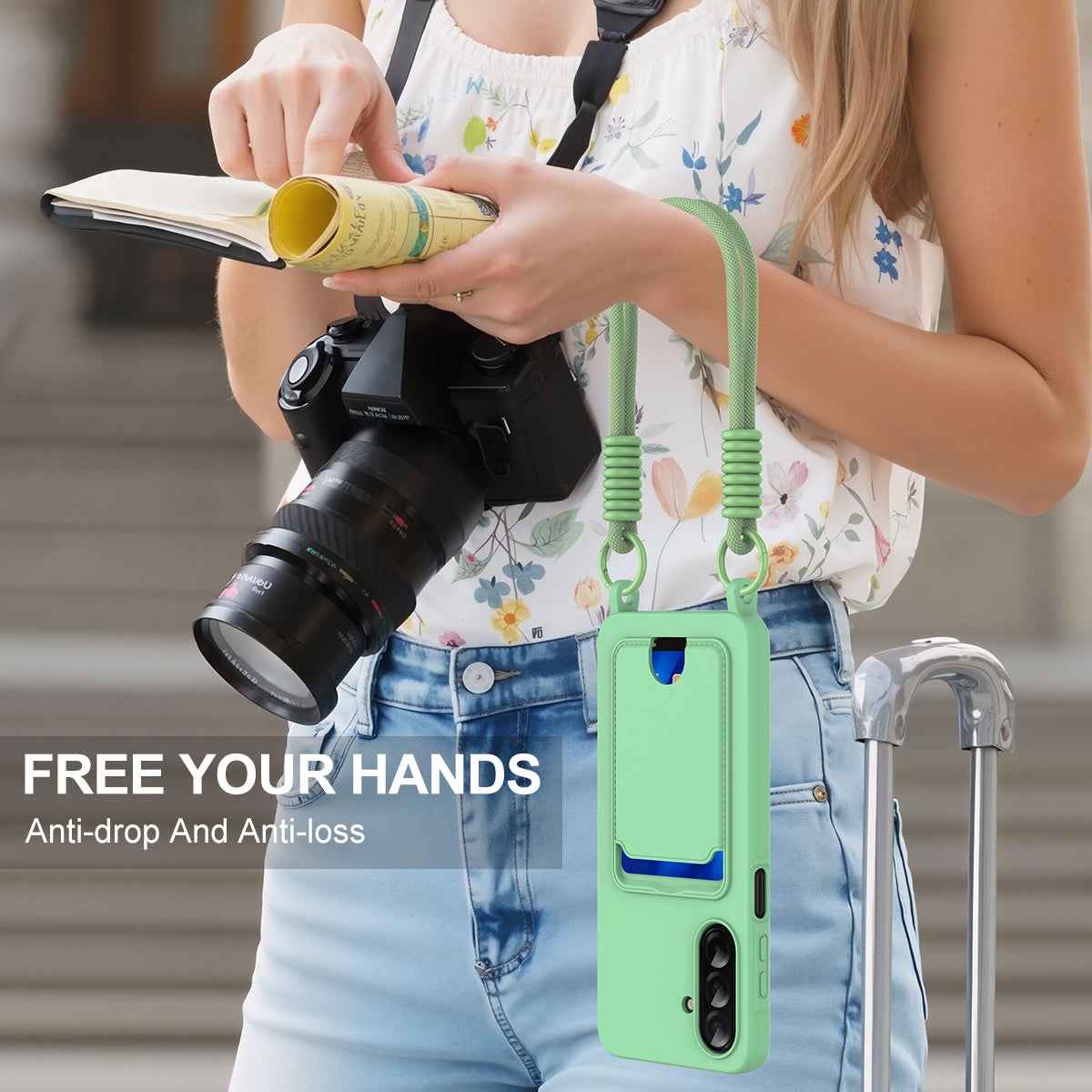 For Samsung Galaxy A57 5G Liquid Silicone Case  Phone Back Cover with Card Holder and Short Strap - Green