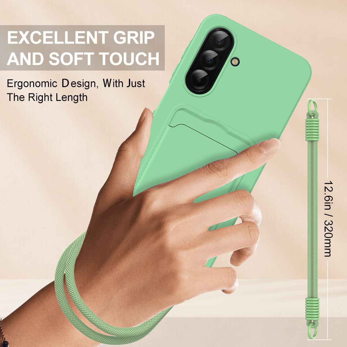 For Samsung Galaxy A57 5G Liquid Silicone Case  Phone Back Cover with Card Holder and Short Strap - Green