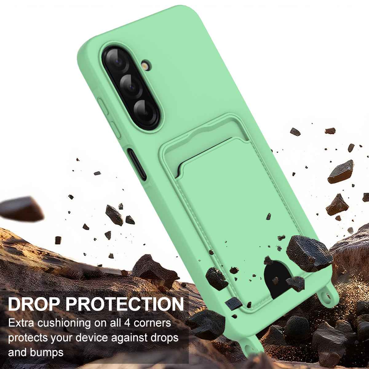 For Samsung Galaxy A57 5G Liquid Silicone Case  Phone Back Cover with Card Holder and Short Strap - Green