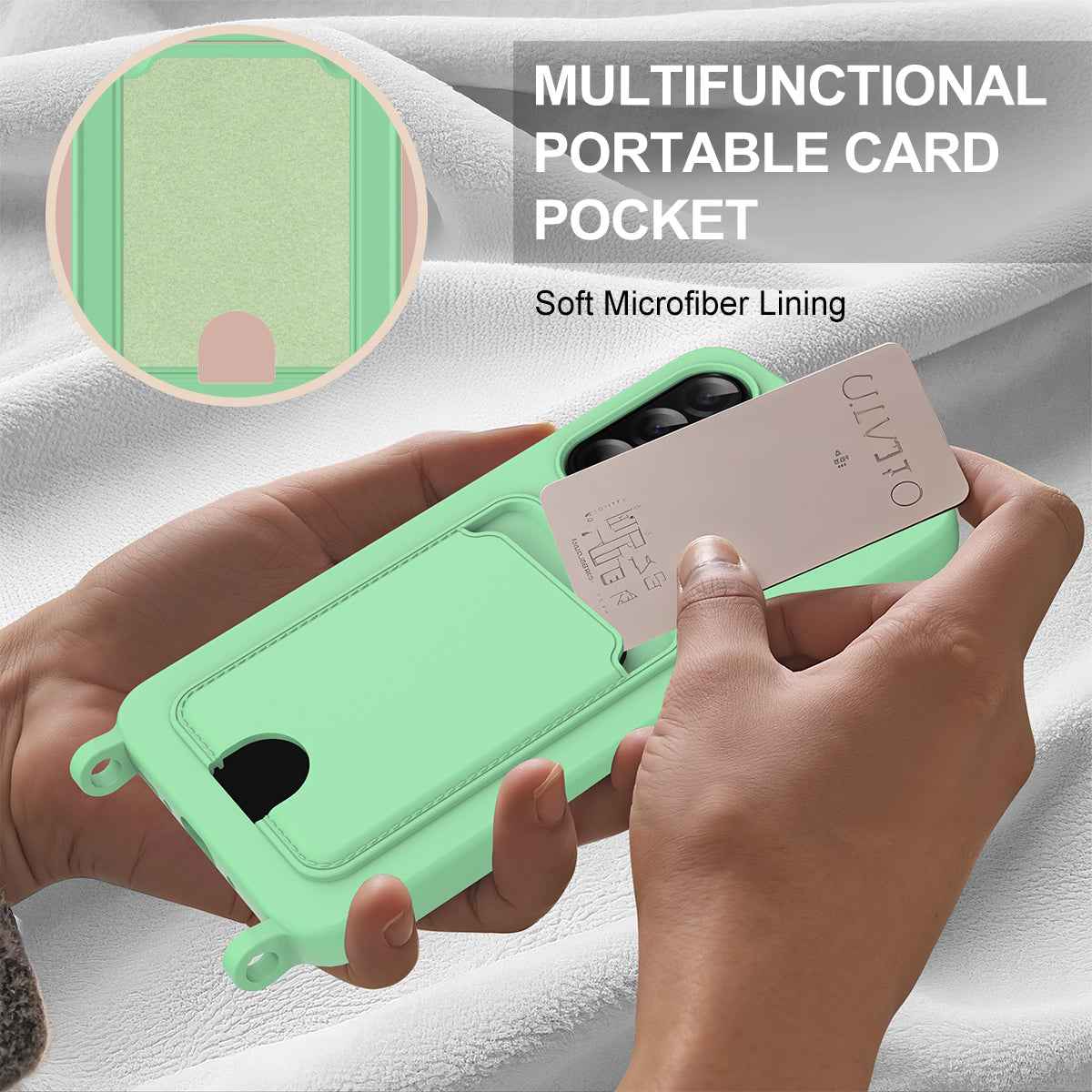 For Samsung Galaxy A57 5G Liquid Silicone Case  Phone Back Cover with Card Holder and Short Strap - Green
