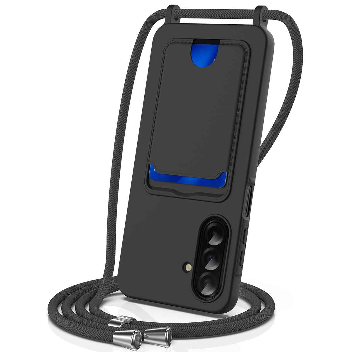For Samsung Galaxy A57 5G Case Liquid Silicone Card Holder Back Phone Cover with Lanyard - Black
