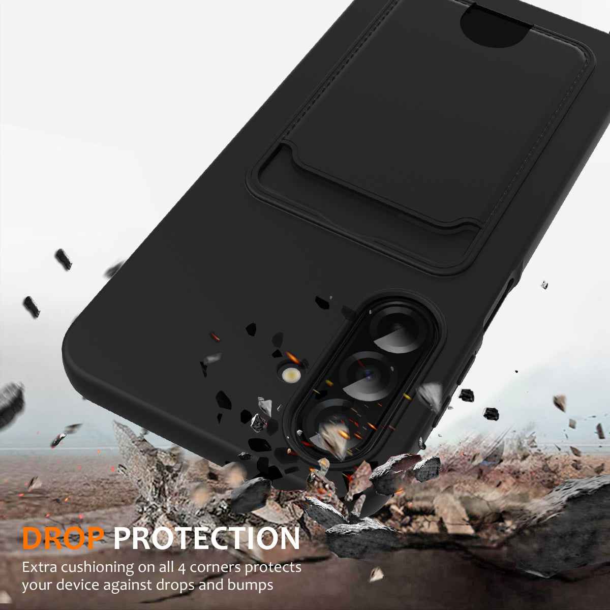 For Samsung Galaxy A57 5G Case Liquid Silicone Card Holder Back Phone Cover with Lanyard - Black