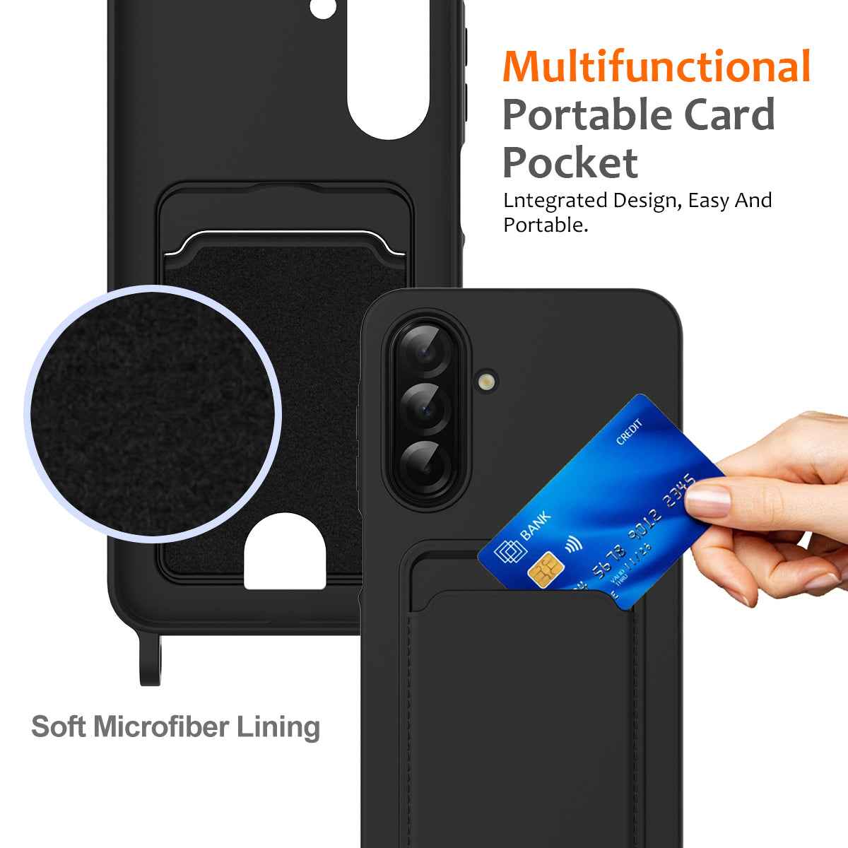 For Samsung Galaxy A57 5G Case Liquid Silicone Card Holder Back Phone Cover with Lanyard - Black
