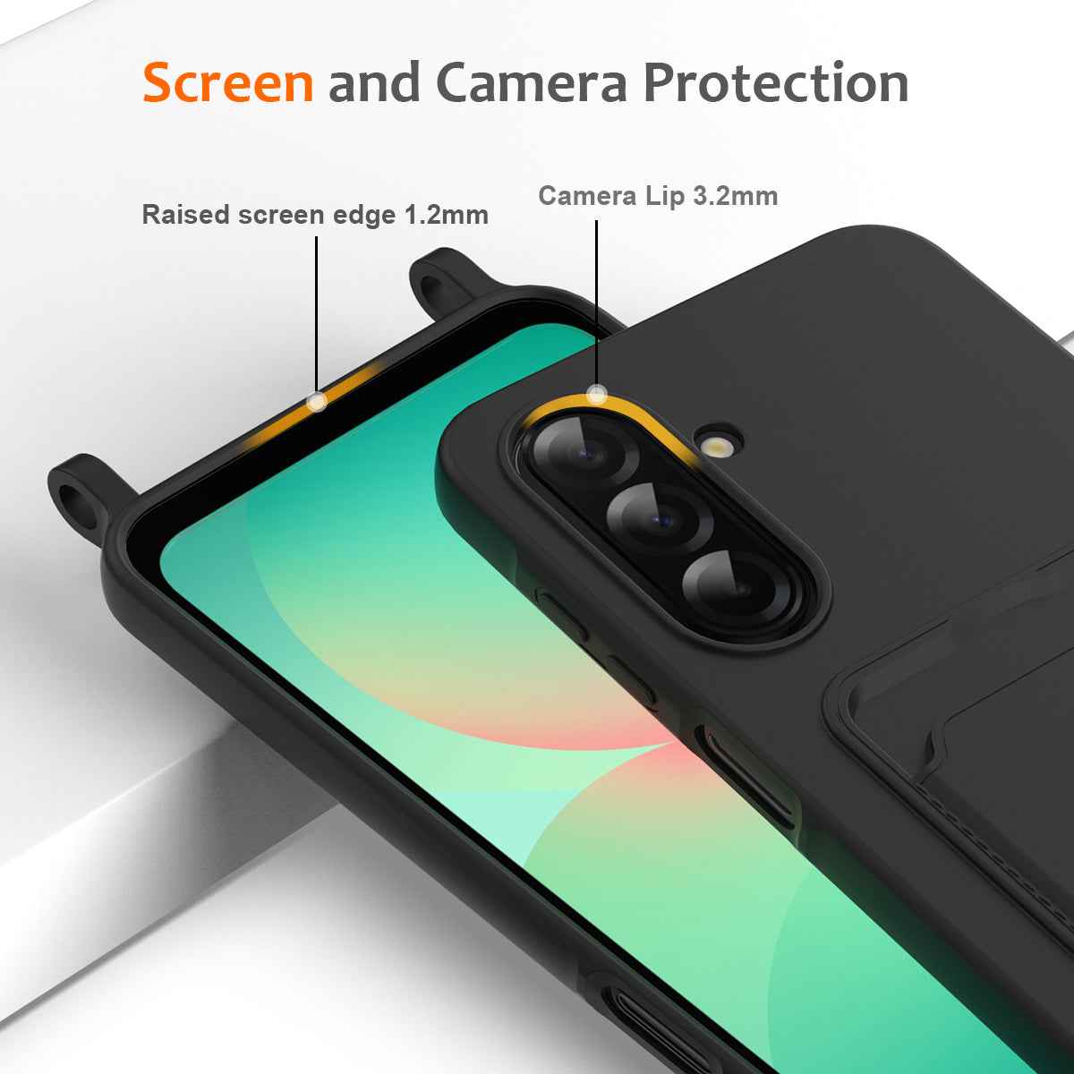 For Samsung Galaxy A57 5G Case Liquid Silicone Card Holder Back Phone Cover with Lanyard - Black