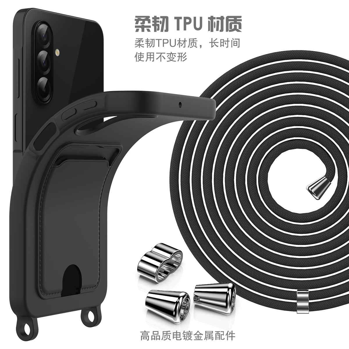 For Samsung Galaxy A57 5G Case Liquid Silicone Card Holder Back Phone Cover with Lanyard - Black