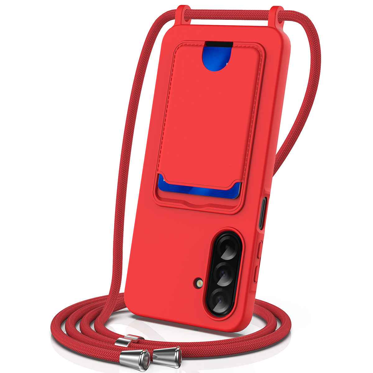 For Samsung Galaxy A57 5G Case Liquid Silicone Card Holder Back Phone Cover with Lanyard - Red
