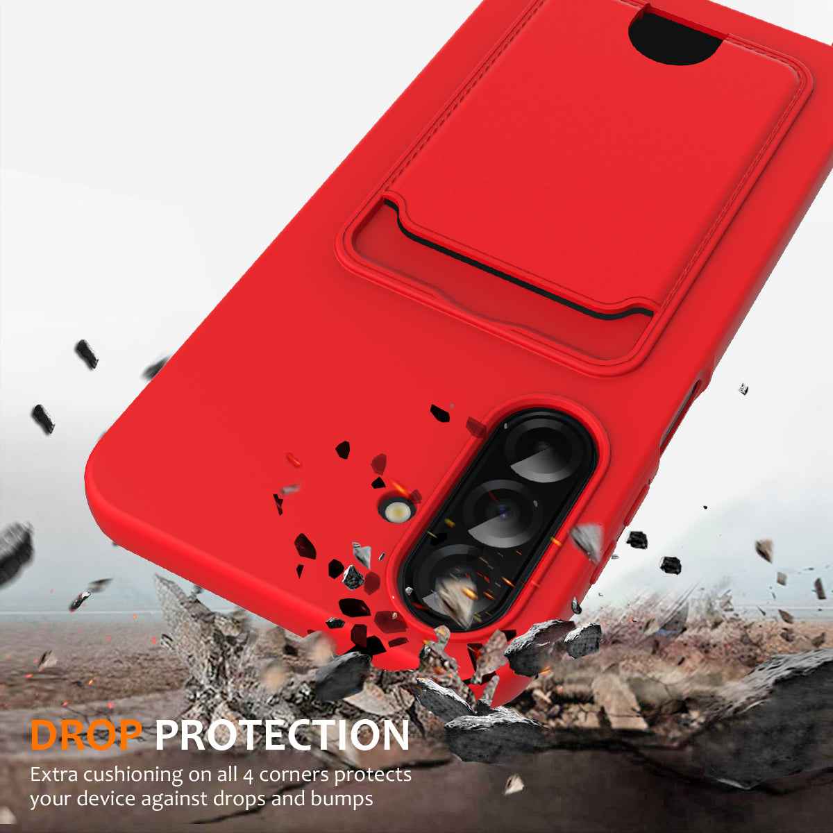 For Samsung Galaxy A57 5G Case Liquid Silicone Card Holder Back Phone Cover with Lanyard - Red