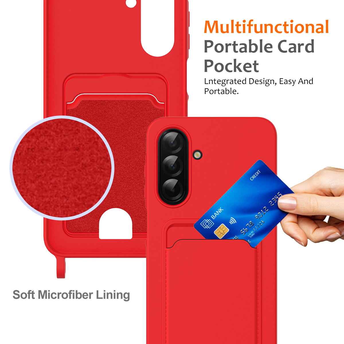 For Samsung Galaxy A57 5G Case Liquid Silicone Card Holder Back Phone Cover with Lanyard - Red