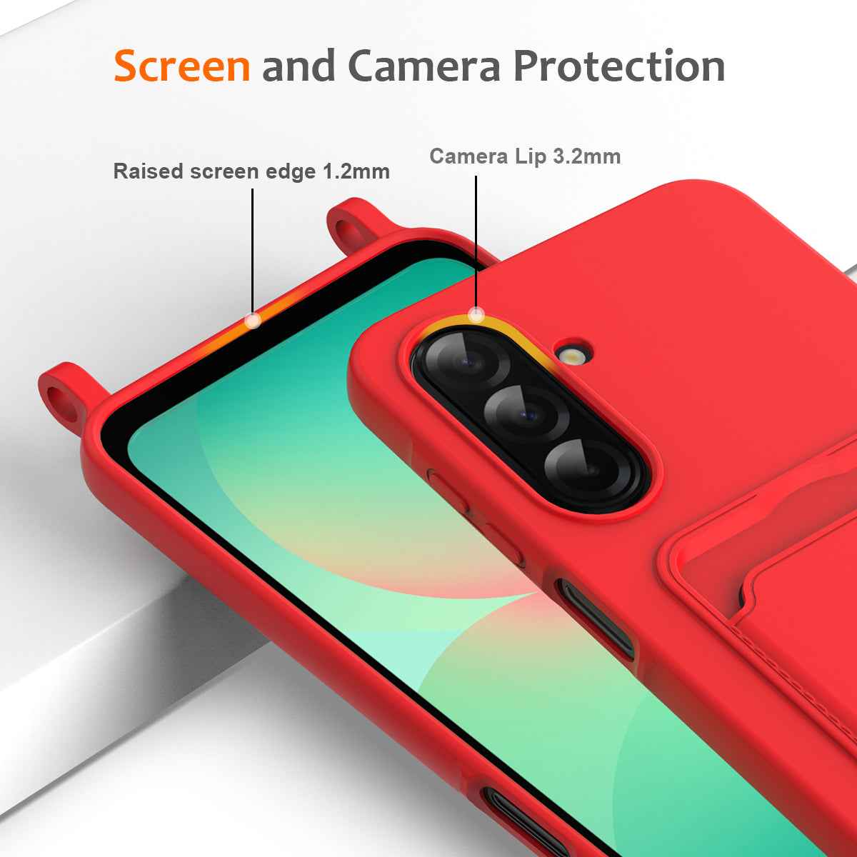 For Samsung Galaxy A57 5G Case Liquid Silicone Card Holder Back Phone Cover with Lanyard - Red