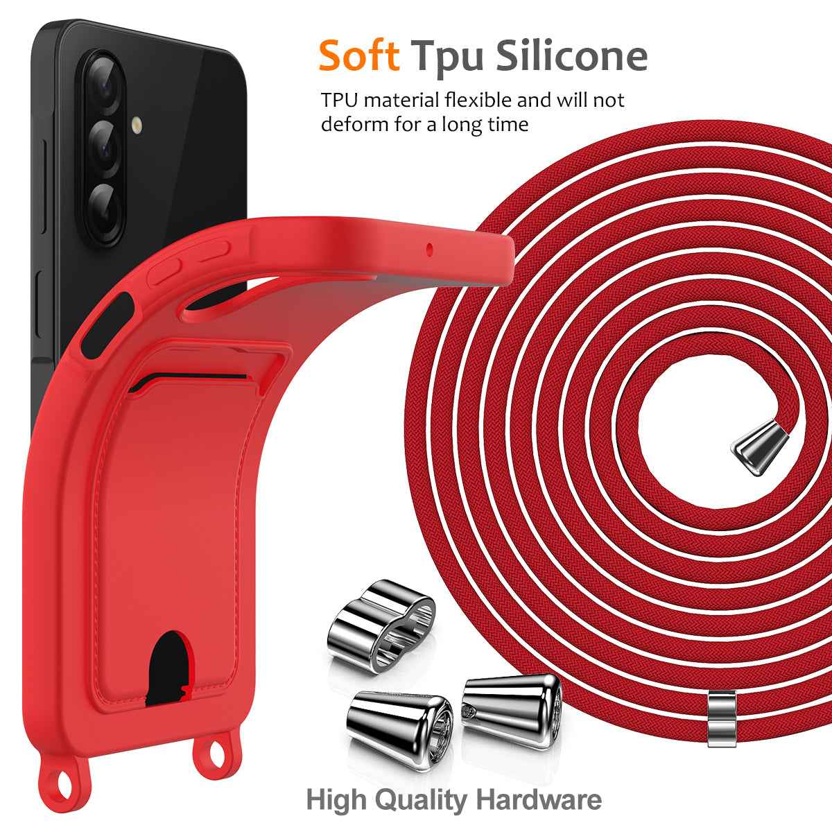 For Samsung Galaxy A57 5G Case Liquid Silicone Card Holder Back Phone Cover with Lanyard - Red
