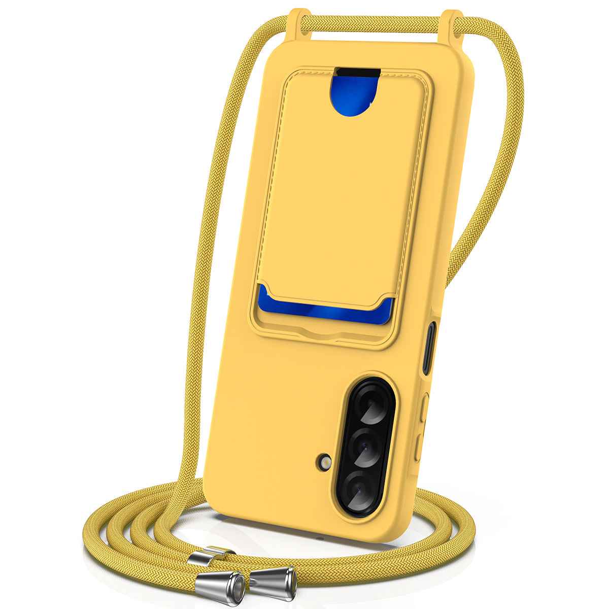 For Samsung Galaxy A57 5G Case Liquid Silicone Card Holder Back Phone Cover with Lanyard - Yellow