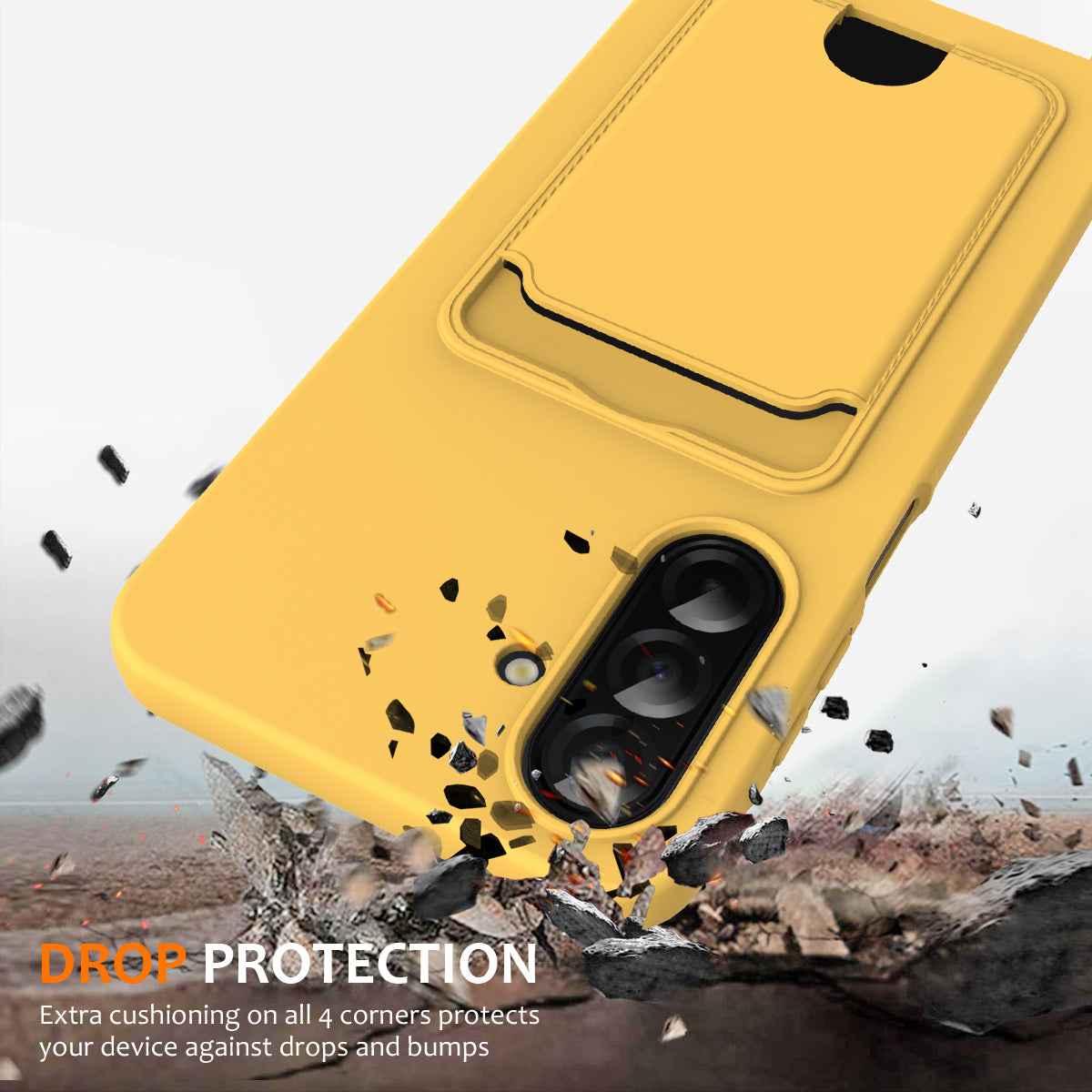 For Samsung Galaxy A57 5G Case Liquid Silicone Card Holder Back Phone Cover with Lanyard - Yellow