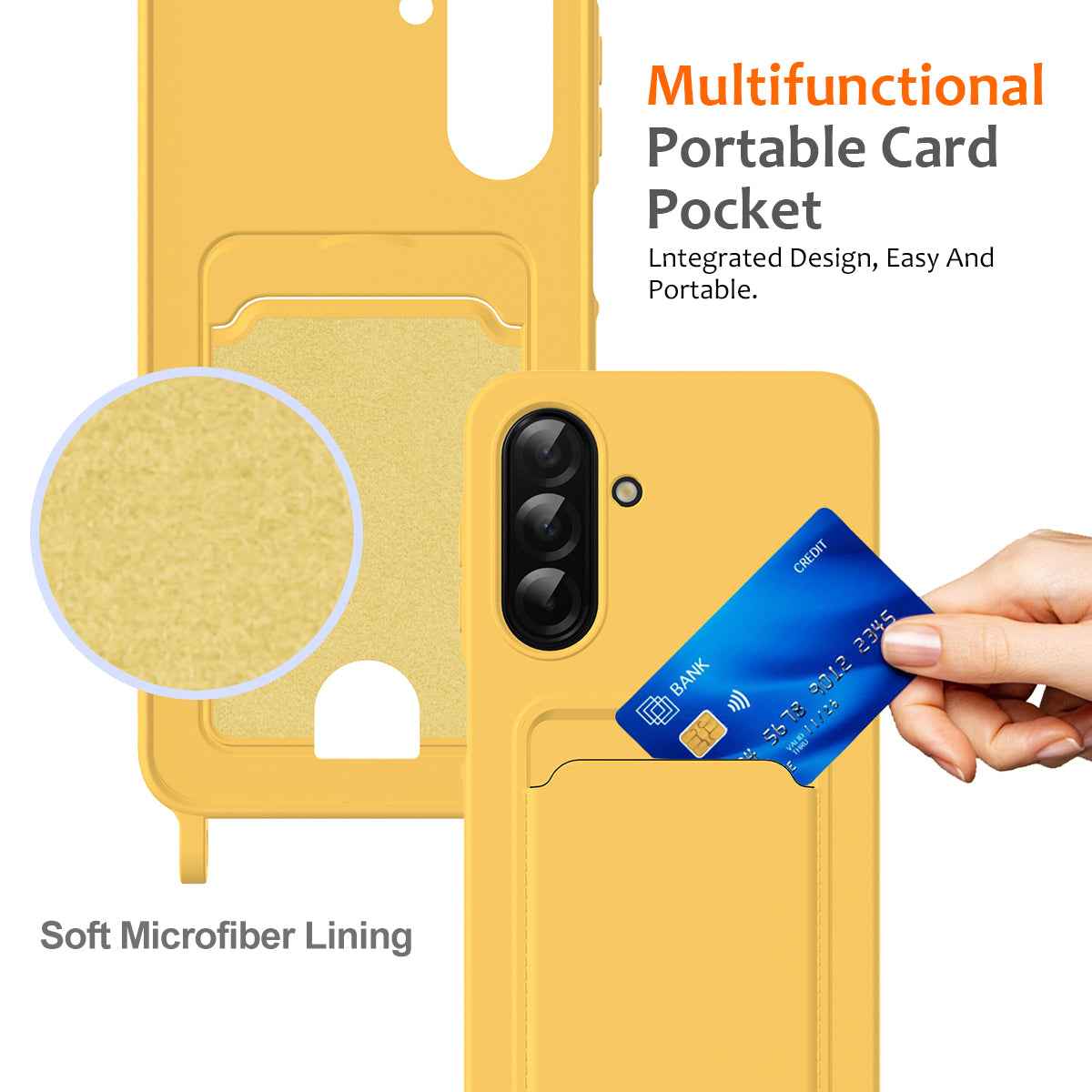For Samsung Galaxy A57 5G Case Liquid Silicone Card Holder Back Phone Cover with Lanyard - Yellow