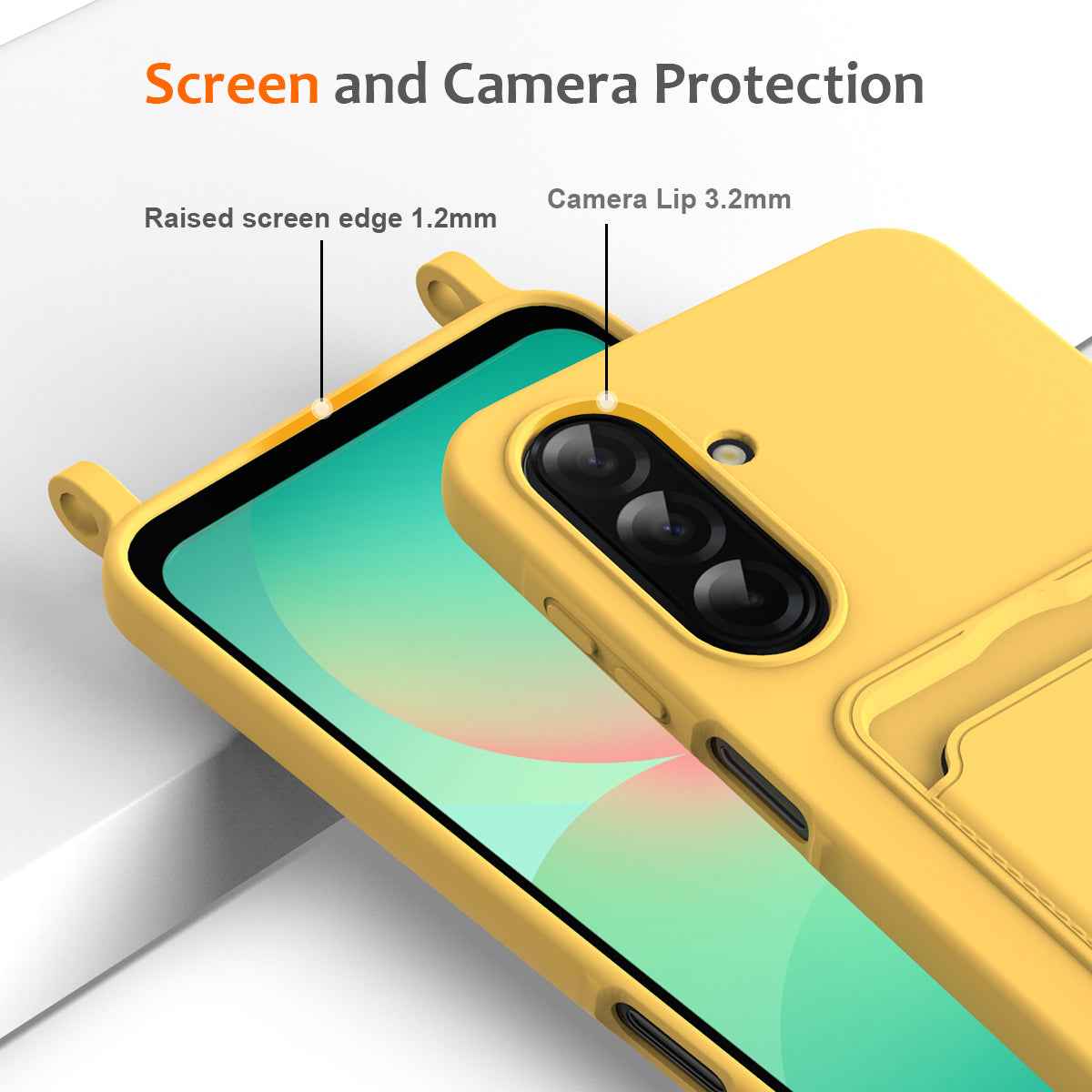 For Samsung Galaxy A57 5G Case Liquid Silicone Card Holder Back Phone Cover with Lanyard - Yellow