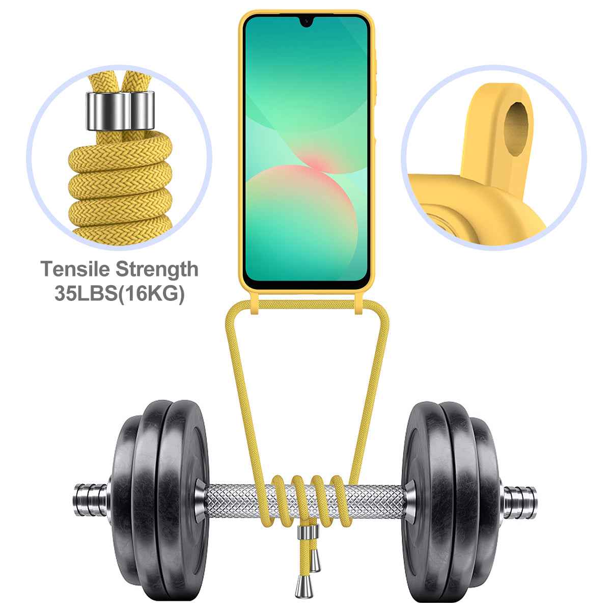 For Samsung Galaxy A57 5G Case Liquid Silicone Card Holder Back Phone Cover with Lanyard - Yellow