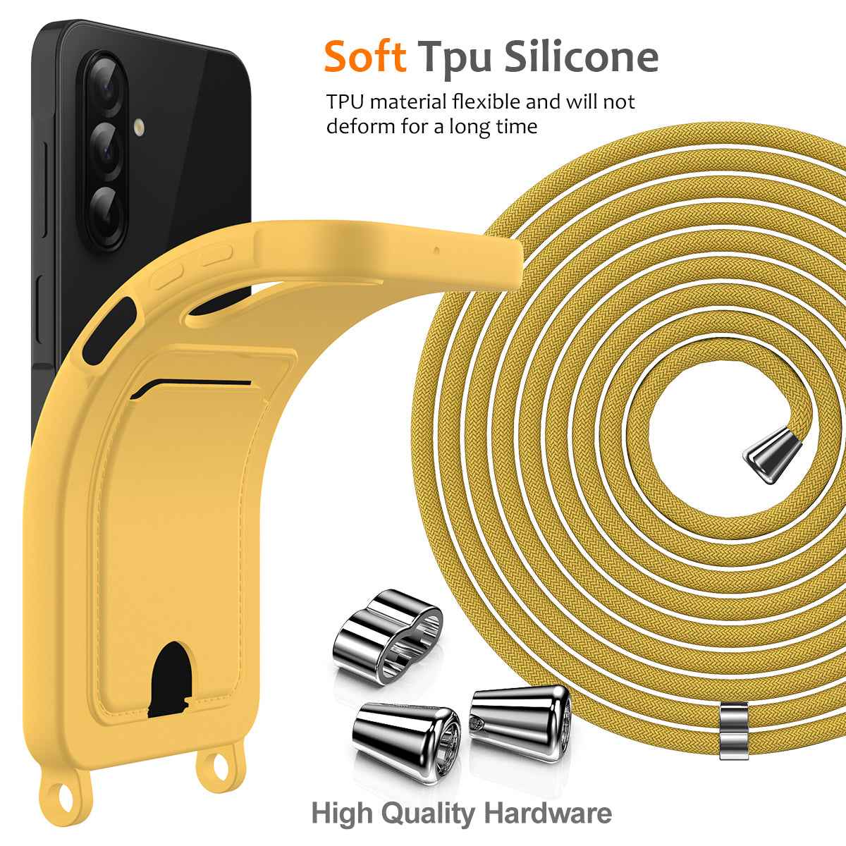 For Samsung Galaxy A57 5G Case Liquid Silicone Card Holder Back Phone Cover with Lanyard - Yellow