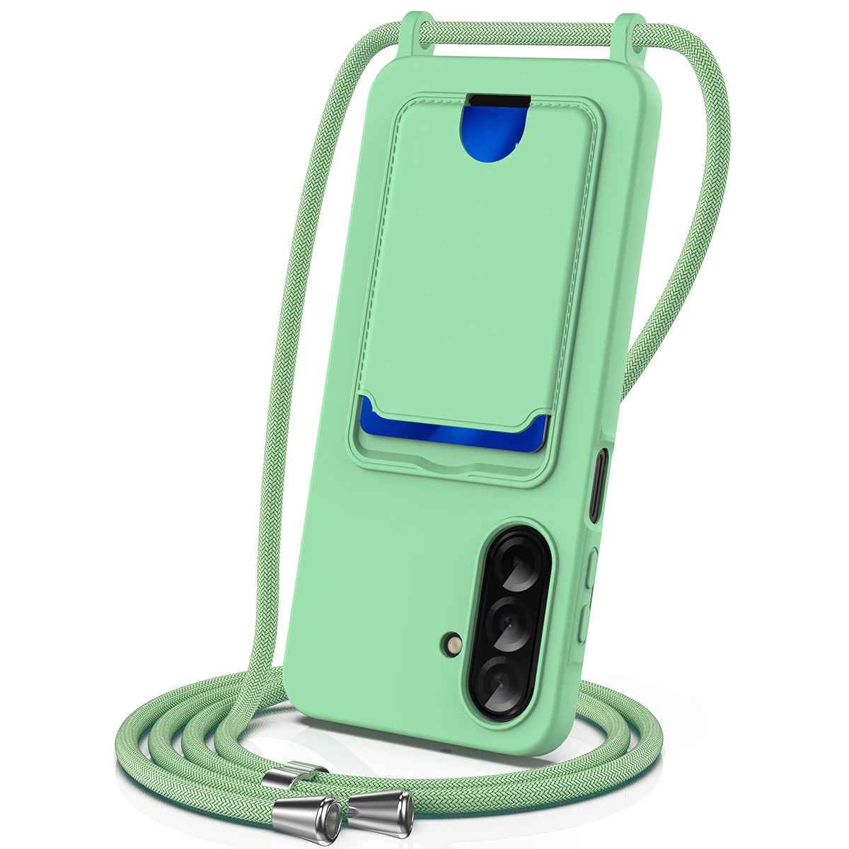 For Samsung Galaxy A57 5G Case Liquid Silicone Card Holder Back Phone Cover with Lanyard - Green