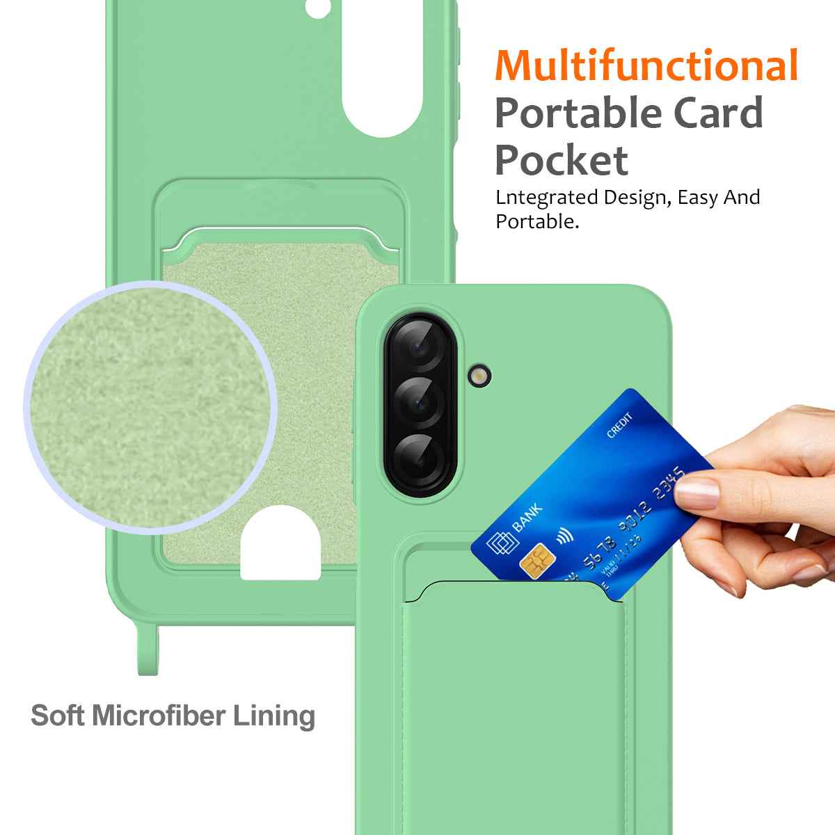 For Samsung Galaxy A57 5G Case Liquid Silicone Card Holder Back Phone Cover with Lanyard - Green