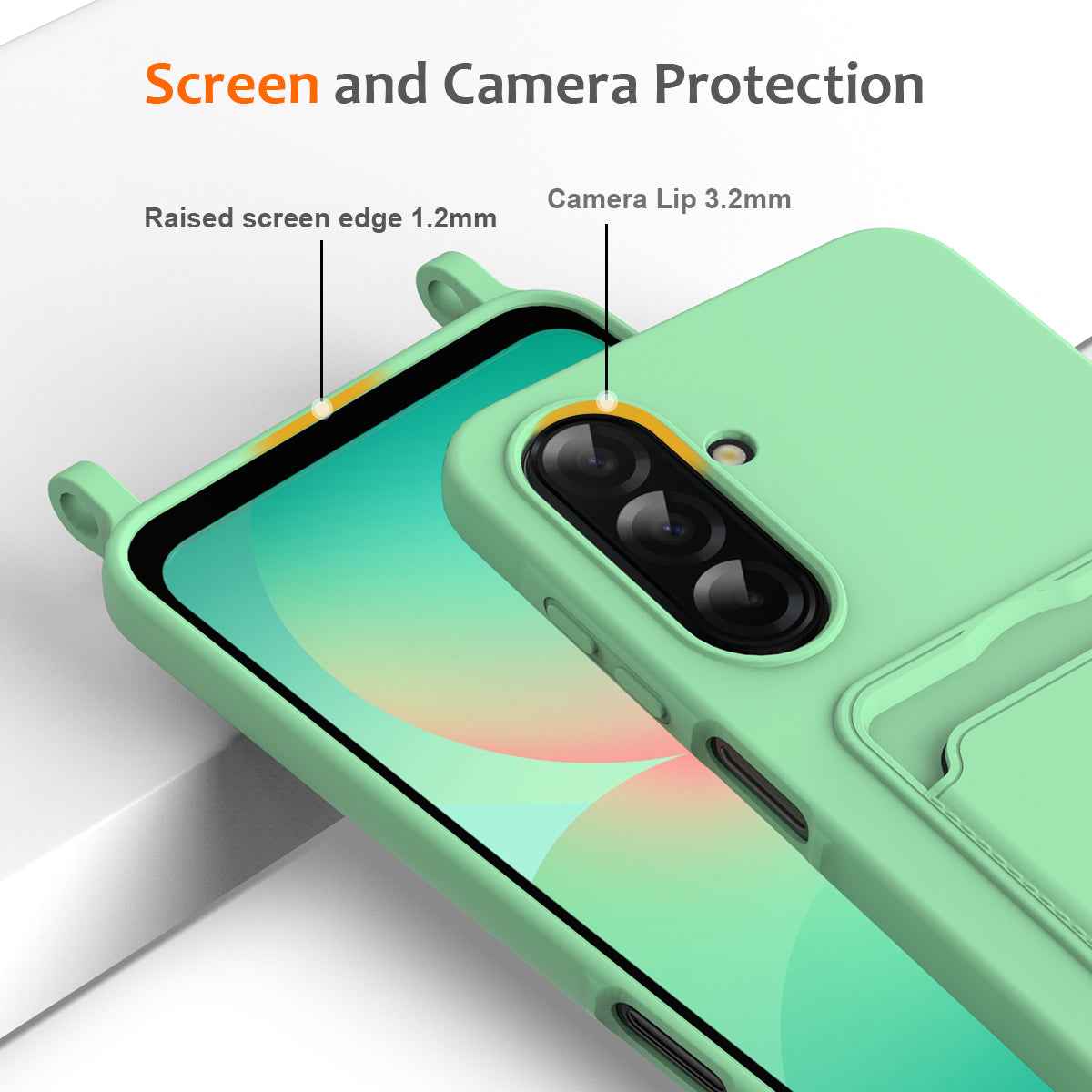 For Samsung Galaxy A57 5G Case Liquid Silicone Card Holder Back Phone Cover with Lanyard - Green