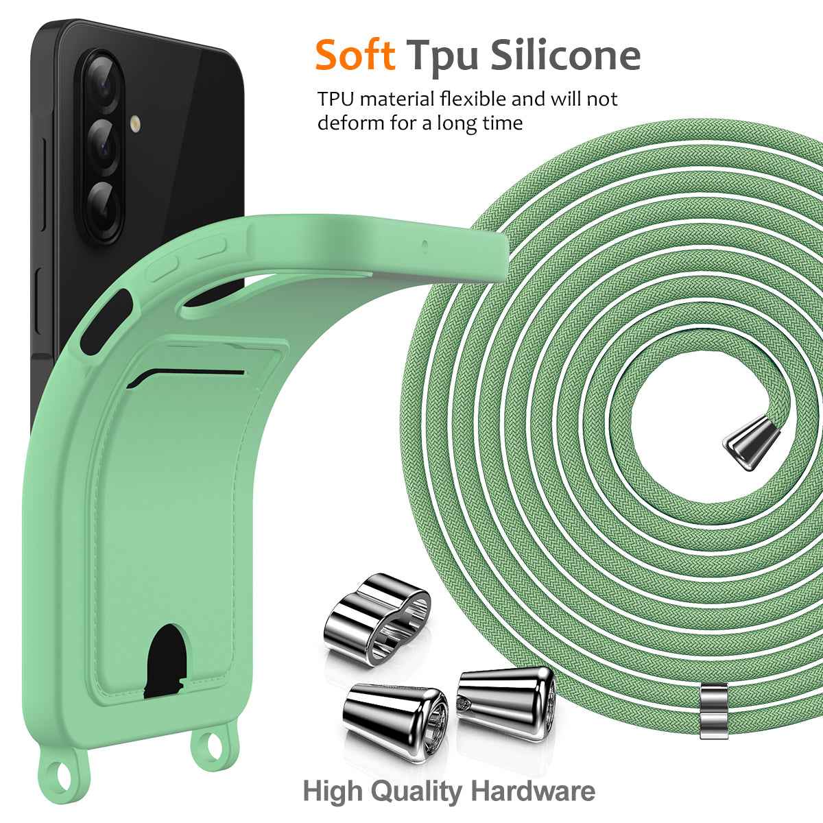 For Samsung Galaxy A57 5G Case Liquid Silicone Card Holder Back Phone Cover with Lanyard - Green
